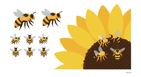 Illustration shows bees in various sizes flying and resting on a sunflower with yellow petals and brown center, bright and cheerful mood.のイラスト素材