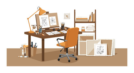 Illustration shows a designers workspace with sketches, books, and art tools, featuring brown tones and warm lighting, creating a cozy atmosphere.のイラスト素材