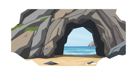 Vector illustration shows a natural sea cave opening to a sandy beach and calm ocean under clear sky, creating a tranquil mood.のイラスト素材