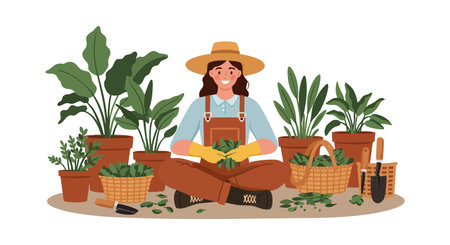 A female gardener wearing a hat and gloves tends to various green plants in pots and baskets in a calm and peaceful setting.のイラスト素材