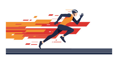 Illustration shows an athlete running with dynamic motion effects in orange and red colors, wearing a helmet and spikes, energetic mood.のイラスト素材