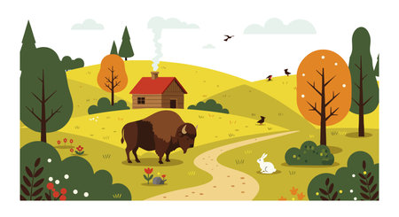 Illustration shows a buffalo grazing on a winding path in an autumn countryside with a cabin, trees, rabbit, and birds creating peaceful nature scene.のイラスト素材