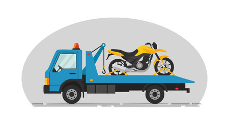 Tow truck transports a yellow motorcycle on its flatbed along a road, showing vehicle recovery service in progress. Calm mood.のイラスト素材