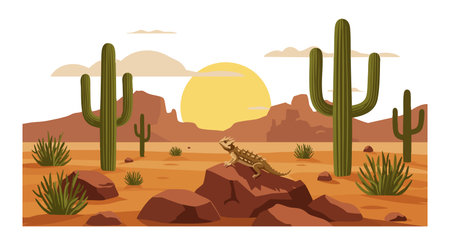 This vector illustration shows a desert landscape with tall cacti, a lizard on rocks, and a large sun setting behind distant mesas, creating a warm mood.のイラスト素材