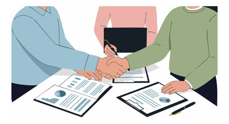 Illustration of two business people shaking hands over contract papers with a third person holding a clipboard, symbolizing agreement and cooperation, professional mood.のイラスト素材