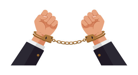 This vector shows hands in handcuffs linked by a chain, representing restriction, captivity, or imprisonment in a clean flat style. Serious mood.のイラスト素材