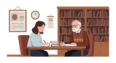 Elderly man and young woman study together at a wooden table in a warmly lit library filled with books. Calm, focused mood.のイラスト素材