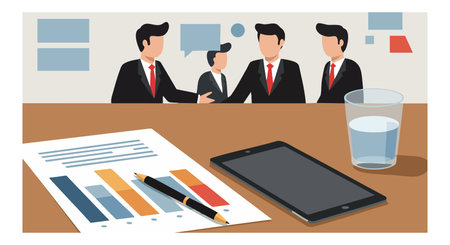 This vector illustration shows a business meeting scene with three men in suits, a tablet, financial report, and a glass of water, professional mood.のイラスト素材