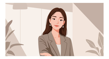 Illustration shows confident businesswoman wearing brown blazer and pearl earrings in an indoor...