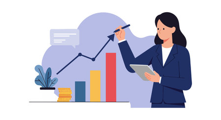 Businesswoman studies increasing financial graph with stacked coins and plant, symbolizing growth and success in a professional setting, optimistic mood.のイラスト素材