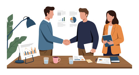 Two businessmen shake hands in an office meeting while a businesswoman stands by holding a folder, symbolizing teamwork and cooperation. Professional mood.のイラスト素材