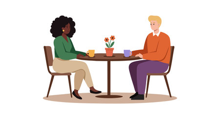 Two people sit across from each other at a round table with coffee mugs and a flower pot, engaging in conversation relaxedly.のイラスト素材