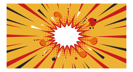 Illustration shows a comic-style explosive burst with dynamic radial lines in red, yellow, black,...