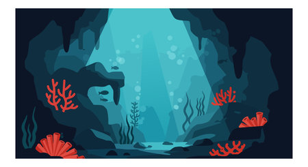 Vector illustration shows an underwater cave with blue lighting and red coral reef creating a mysterious and calm atmosphere.のイラスト素材
