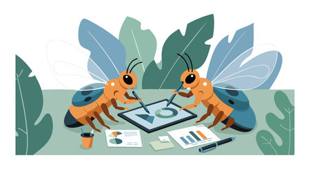 Two bees work together using a tablet and analyzing documents in a green-toned office environment...