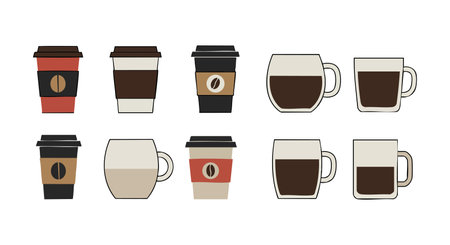 This vector set features coffee cups and mugs in different styles and colors, illustrating hot beverages in a simple, modern style. Cheerful.のイラスト素材