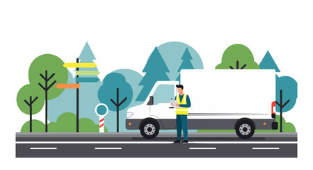 A delivery driver in a vest stands beside a white van on a road surrounded by green and blue trees under clear light, creating a calm scene.のイラスト素材
