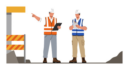 Two construction workers wearing helmets and safety vests discuss plans near a barricade on site, showing teamwork and focus in a clear style.のイラスト素材