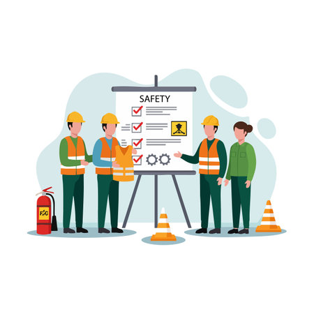 Four construction workers in safety gear discuss a safety checklist on a board with cones and fire extinguisher nearby, promoting awareness. Professional mood.のイラスト素材