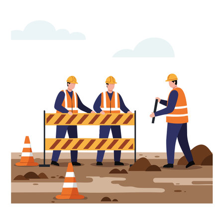Construction workers wearing safety helmets and orange vests work on a road with barrier and cones in daylight, focused and diligent mood.のイラスト素材
