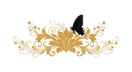 Vector image shows a black butterfly perched on a golden intricate floral ornament with swirling leaves and details, creating a refined decorative feel.のイラスト素材