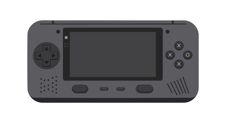 Illustration of a gray handheld video game console with buttons and screen in flat vector style,...