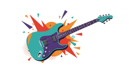 Electric guitar in teal and purple with bright orange and red bursts in abstract style, vibrant and energetic mood.のイラスト素材