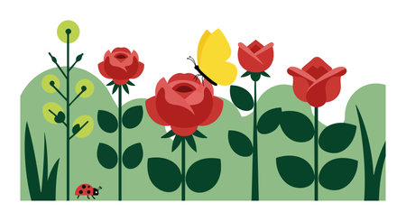 Vector illustration shows red roses with green leaves and a yellow butterfly in a garden with greenery and a ladybug, serene mood.のイラスト素材