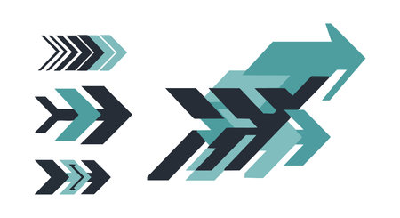 This vector shows abstract geometric arrows in teal and black colors arranged in modern overlapping style. Clean and dynamic design. Calm mood.のイラスト素材