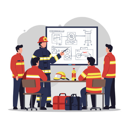 Firefighters gather around a presentation board discussing safety procedures and firefighting equipment in a meeting room setting, focused and professional mood.のイラスト素材