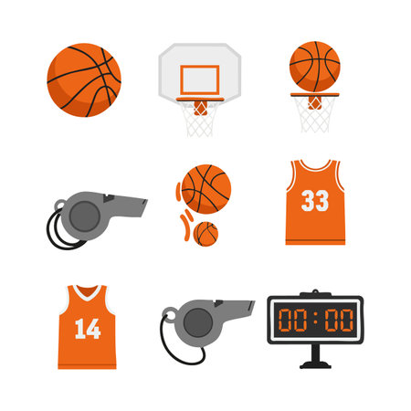 Vector illustration shows basketballs, hoops, whistles, jerseys, and a scoreboard in flat style. The design is clean and sporty. Energetic mood.のイラスト素材
