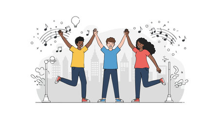 Three diverse friends hold hands and celebrate joyfully with musical notes and city buildings behind them, creating a lively and happy mood.のイラスト素材