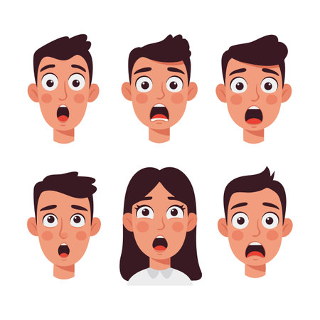 Vector set shows shocked and surprised male and female cartoon faces with open mouths and wide eyes in flat style, bright and expressive mood.のイラスト素材