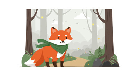 Fox with green scarf stands in foggy autumn forest with trees and winding path, creating a calm and peaceful mood.のイラスト素材