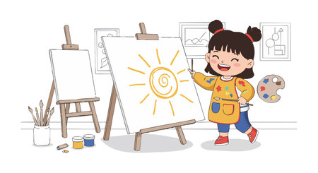 A young girl joyfully paints a bright sun on canvas in a well-lit art studio surrounded by easels and art supplies, cheerful mood.のイラスト素材