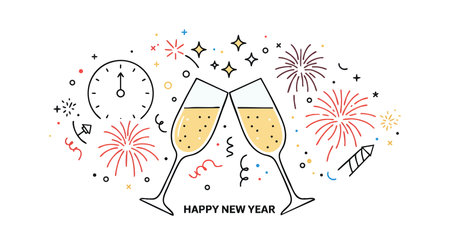 Illustration shows two champagne glasses clinking with fireworks and confetti celebrating New Year in a festive mood.のイラスト素材