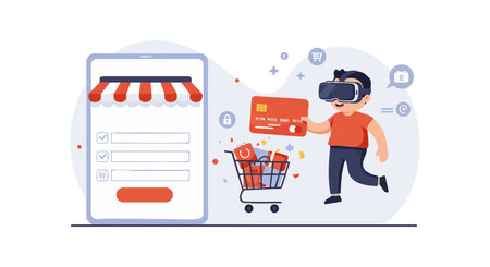 Illustration shows person using virtual reality headset for online shopping and digital payment with shopping cart and tablet interface in modern style, bright mood.のイラスト素材