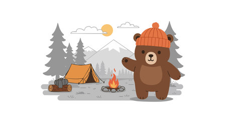 Illustration shows a brown bear wearing an orange hat near a campfire with a tent, pine trees, and mountains in the background, calm mood.のイラスト素材