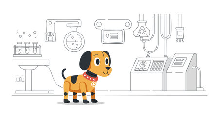 Cute cartoon dog stands in a science laboratory surrounded by scientific equipment and chemical glassware in a clean style. Cheerful mood.のイラスト素材