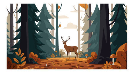 Vector illustration shows a deer standing in an autumn forest filled with tall pine trees and orange leaves, creating a calm and peaceful mood.のイラスト素材