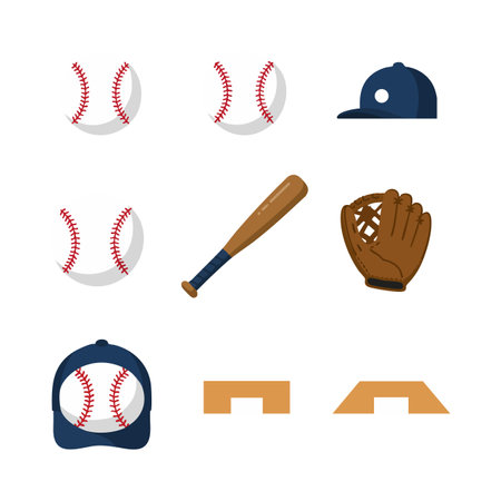 Vector illustration shows baseball balls, bat, glove, caps, and bases in simple flat design with clean lines and colors, conveying sporty mood.のイラスト素材