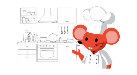This vector shows a red cartoon mouse wearing a chef hat and coat in a modern white kitchen setting, creating a cheerful mood.のイラスト素材