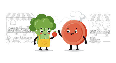 Broccoli character hands a tomato to a smiling tomato character in a lively outdoor market setting, creating a friendly and joyful mood.のイラスト素材