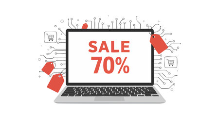 Laptop computer displays a 70 percent sale discount with digital tags and circuit lines representing technology and e-commerce, modern and vibrant.のイラスト素材