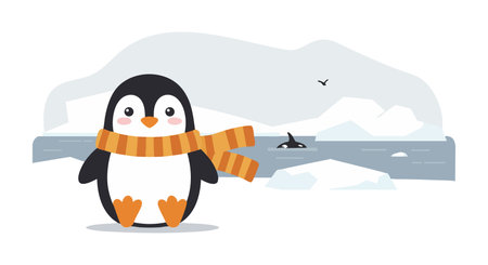 Penguin with orange scarf stands on ice near iceberg and orca whale in calm arctic scene with birds, creating a peaceful mood.のイラスト素材