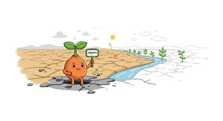 Vector shows sprout character on cracked dry soil by riverbank promoting growth and hope in arid environment, optimistic mood.のイラスト素材