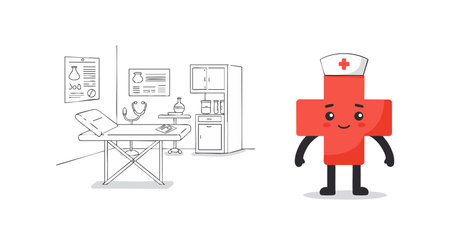 Illustration shows a red cross nurse character smiling with medical equipment in a healthcare setting, conveying care and professionalism in a friendly style.のイラスト素材