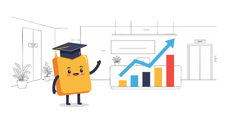 A cute graduation cap character presents a colorful business growth chart in a modern office setting, conveying success and motivation. Cheerful mood.のイラスト素材