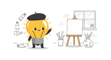 Illustration shows a cheerful light bulb artist with a beret painting on a blank canvas in a simple studio setting. Playful mood.のイラスト素材