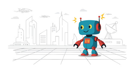 Illustration shows a blue and red robot with antennae standing on a grid floor in a futuristic city with buildings and satellite dish, cheerful mood.のイラスト素材